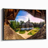 Framed canvas of a black and white vintage poster featuring a Romanian landscape, ideal for bedroom wall decor.