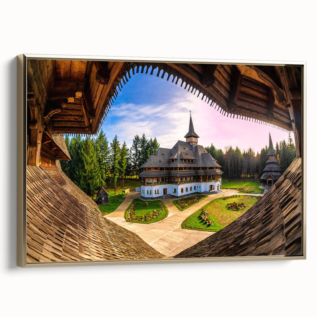 Framed canvas depicting a vintage Romanian landscape in muted gold and black tones, ideal for bedroom wall art.