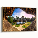 Framed canvas depicting a vintage Romanian landscape in muted gold and black tones, ideal for bedroom wall art.