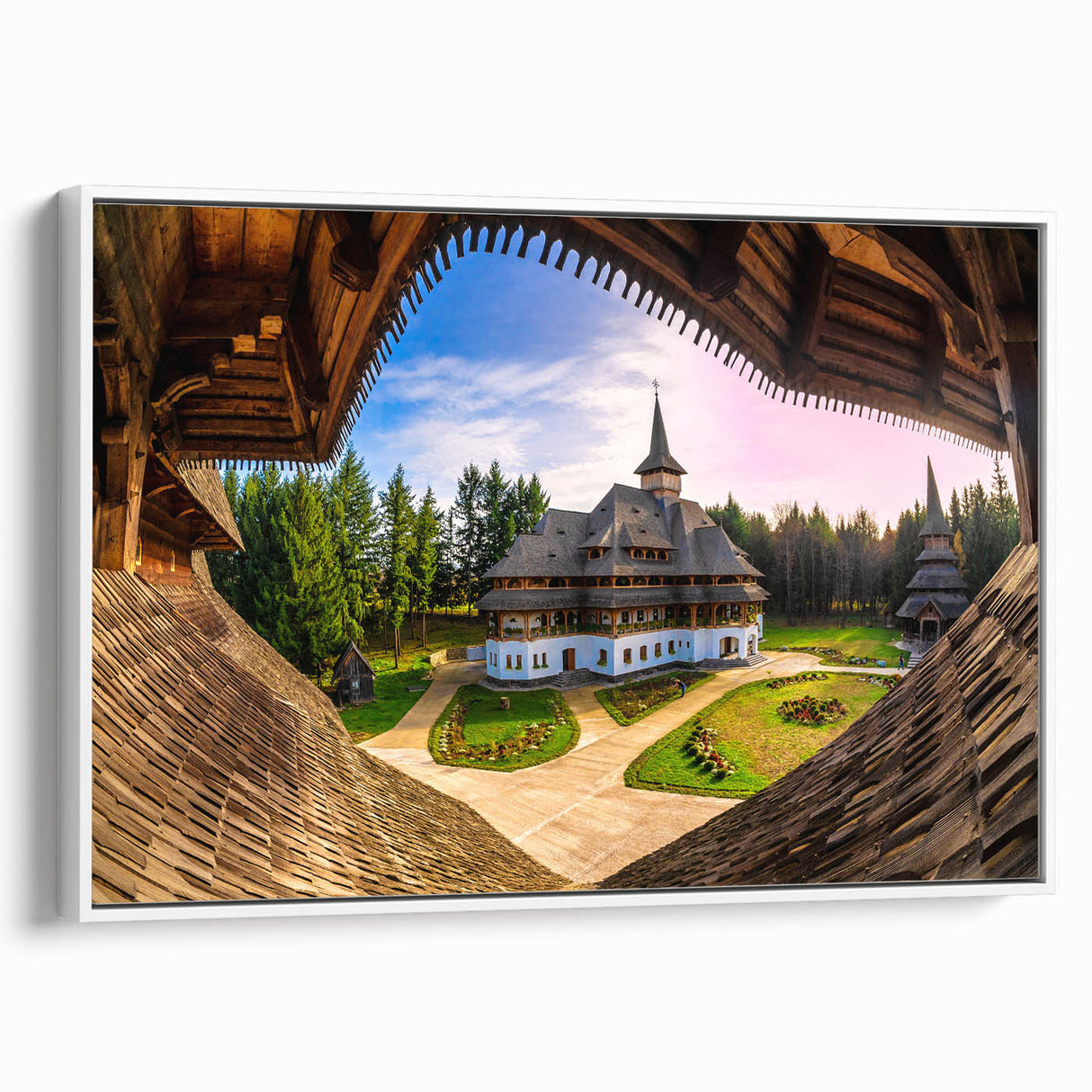 Vintage poster art of a Romanian landscape on a framed canvas, featuring colorful imagery, ideal for living room decor.
