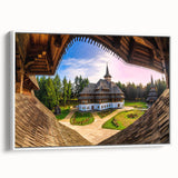 Vintage poster art of a Romanian landscape on a framed canvas, featuring colorful imagery, ideal for living room decor.