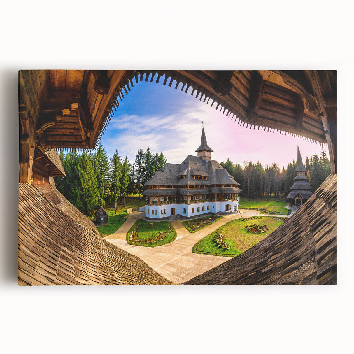 Black and white photograph of a Romanian landscape on stretched canvas, ideal for kitchen wall art.