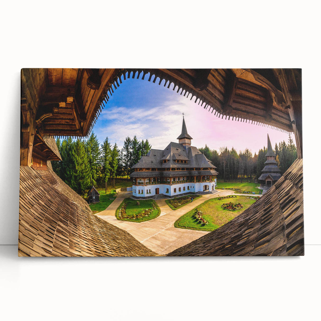 Black and white photo of a European street scene on large stretched canvas, ideal for kitchen wall art.