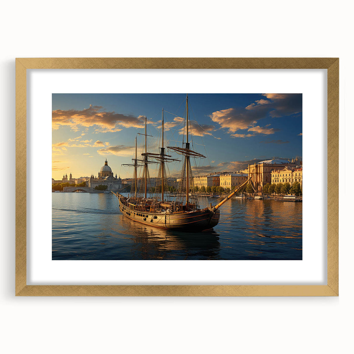 Abstract art print of a European cityscape in muted gold and blue tones, framed with a gold mat.