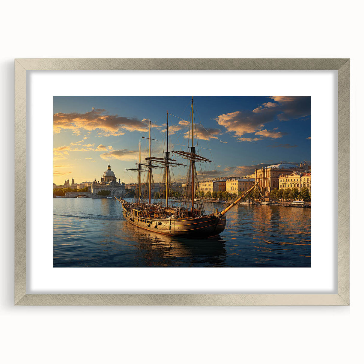 Extra large wall art of abstract Petersburg scenery in textured silver frame, ideal for living room decor.