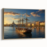 Framed canvas of a vintage-style landscape painting depicting the Saint Petersburg skyline in black and gold tones.