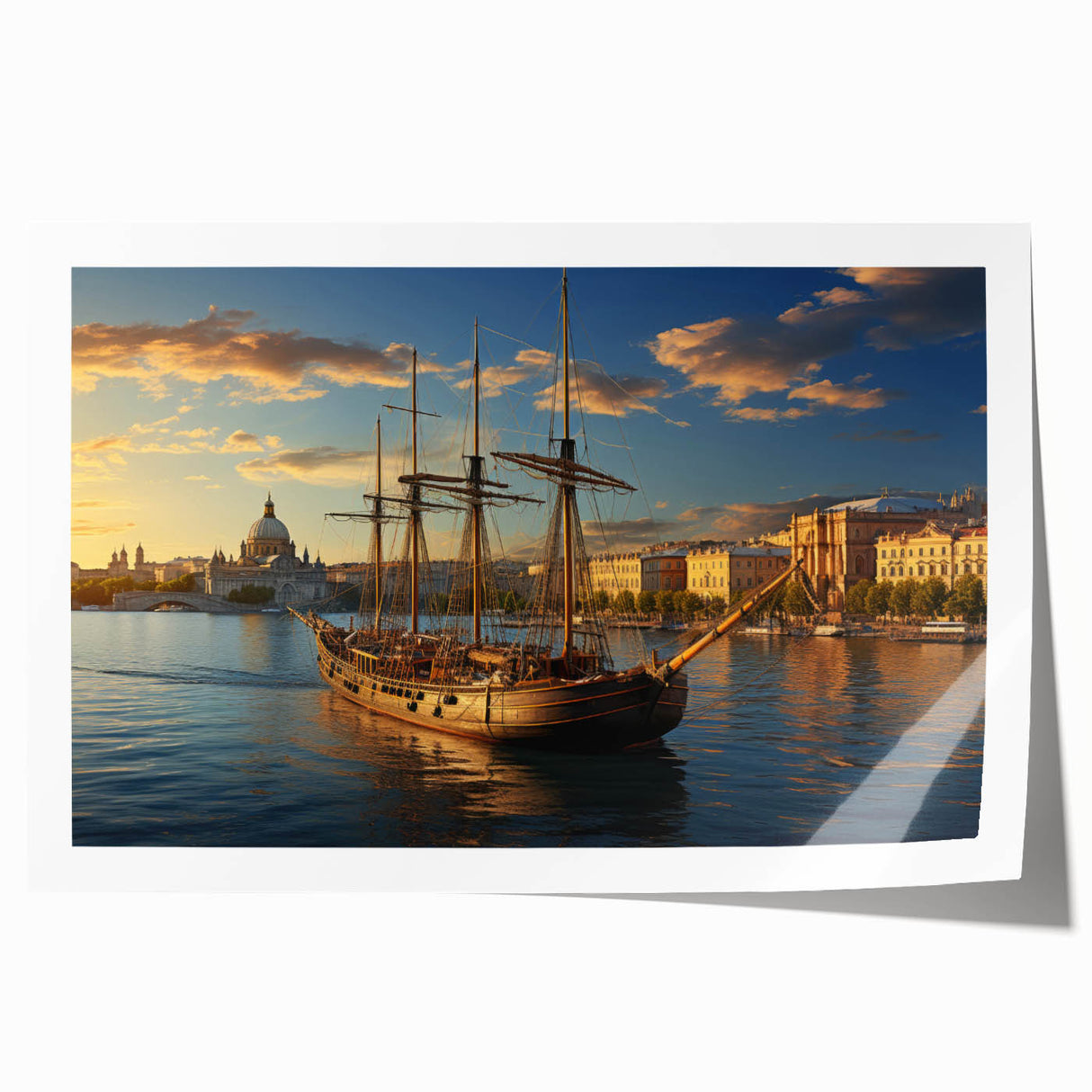 Extra large rolled print of a European cityscape with muted floral designs, ideal for art wall dining room decor.