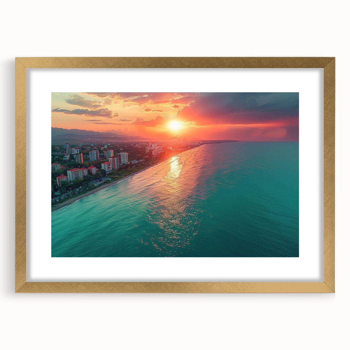 Abstract art print of Sochi scenery in muted earth tones, framed in gold, suitable for dining room decor.