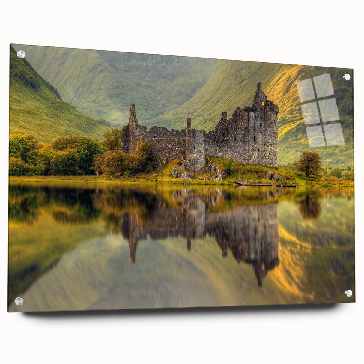 Acrylic print of a European Scotland landscape in muted earth tones, suitable for dining room decor.