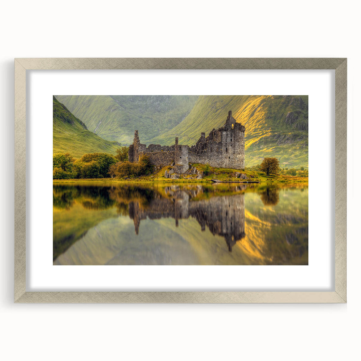 Extra large abstract art print featuring textured scenery of Scotland in muted earth tones, framed in silver.