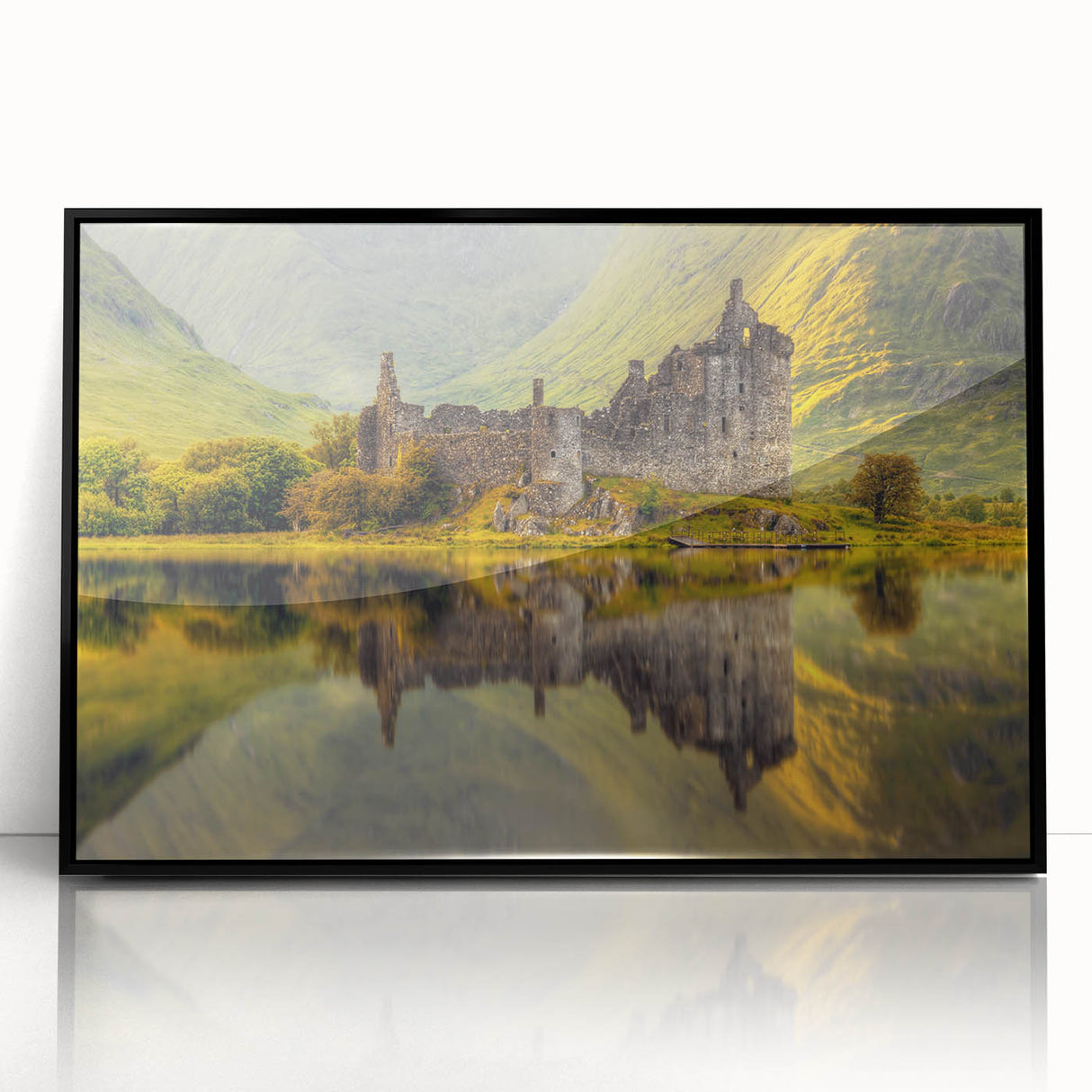 Large abstract wall art depicting a Scottish landscape in muted green and blue tones, framed in black acrylic.