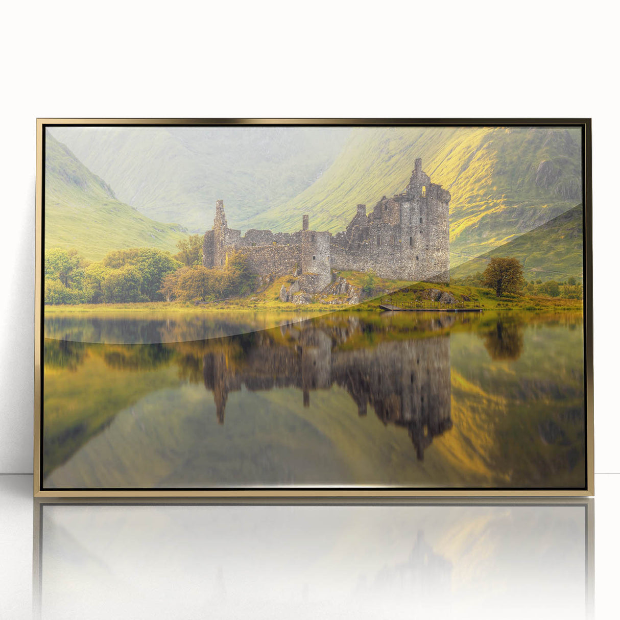 Art deco poster of a Scottish landscape in gold acrylic frame, with muted earth tones.