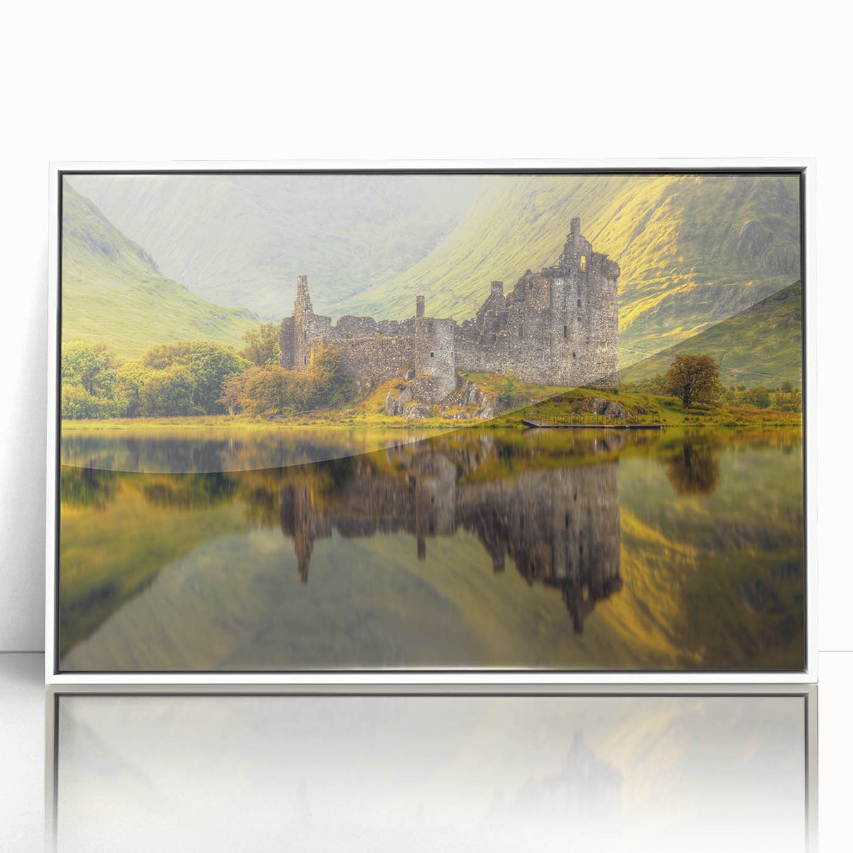 Mid-century modernist art depicting a serene Scottish landscape in muted earth tones, framed acrylic.