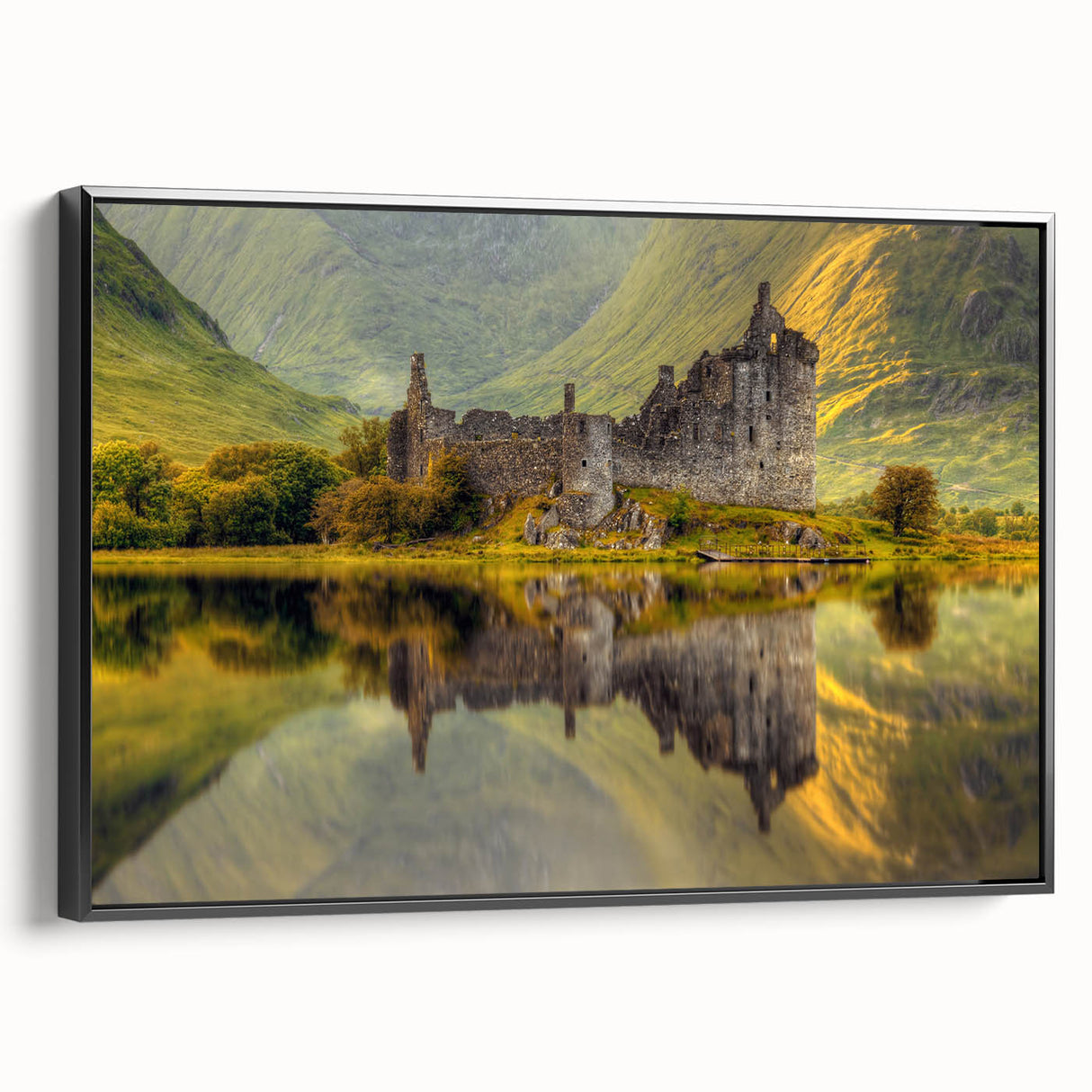 Black and white wall art featuring a vintage poster-style landscape of Scotland on framed canvas, suitable for bedroom decor.