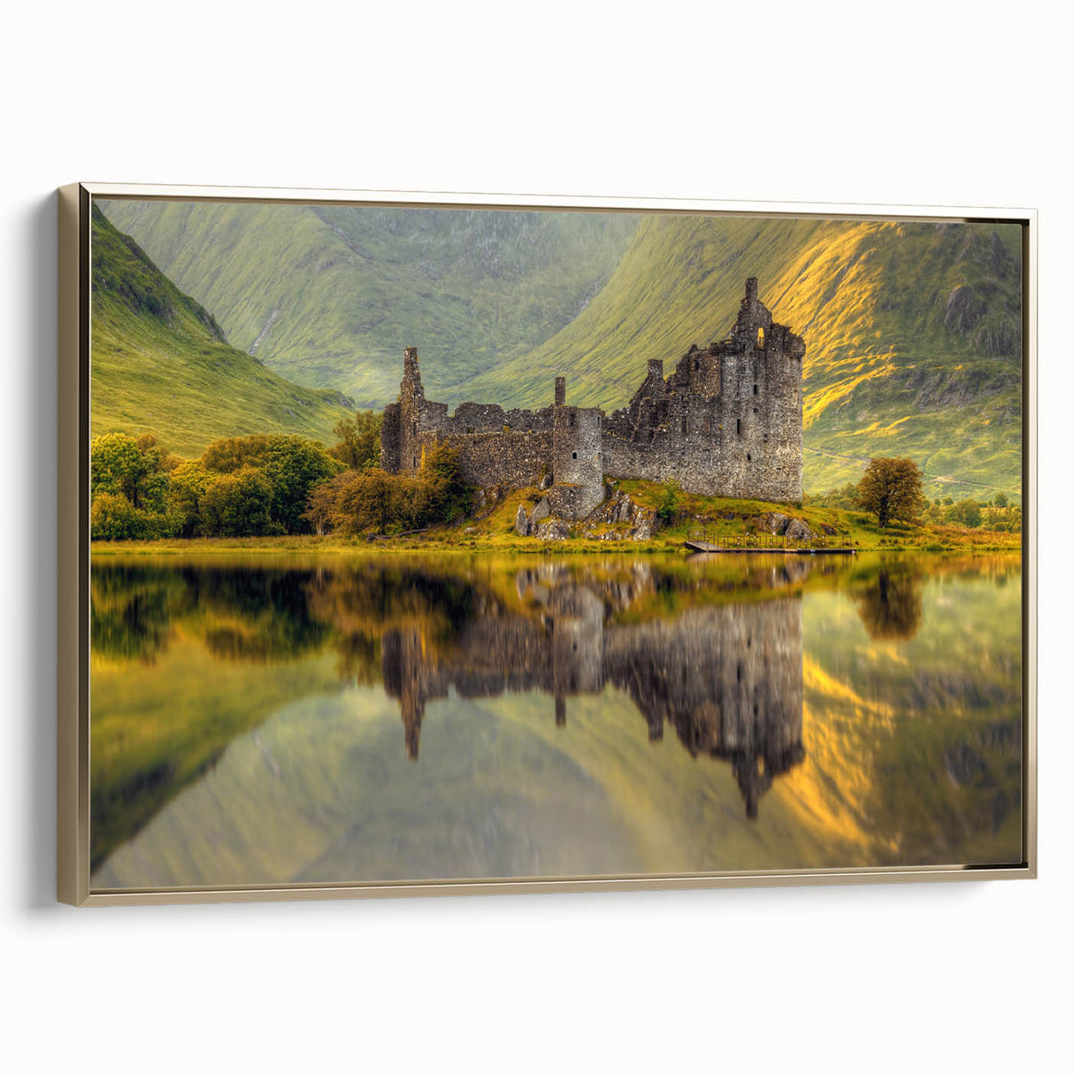 Framed canvas of a Scottish landscape in muted earth tones, ideal for bedroom wall art.