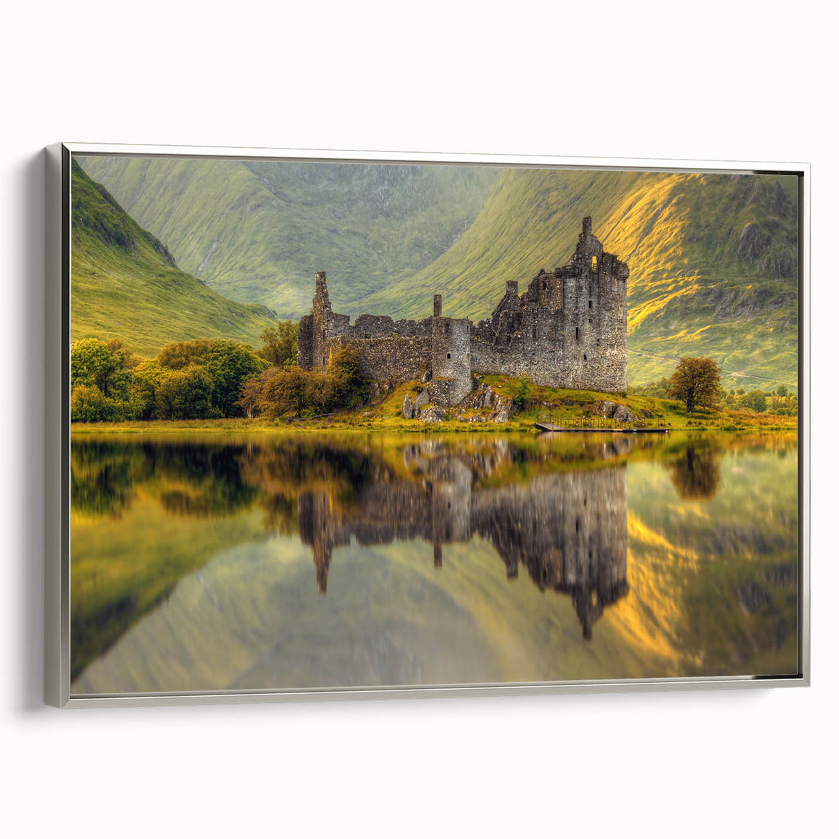 Framed canvas depicting a vintage-style Scottish landscape in muted earth tones, ideal for enhancing a living room or study.