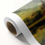 Art deco poster of a serene Scottish landscape in muted green and blue tones on rolled canvas, ideal for nursery wall art.