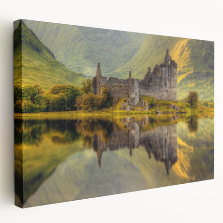 Scottish landscape with rolling hills and a serene lake, printed on stretched canvas, suitable for kitchen wall art.
