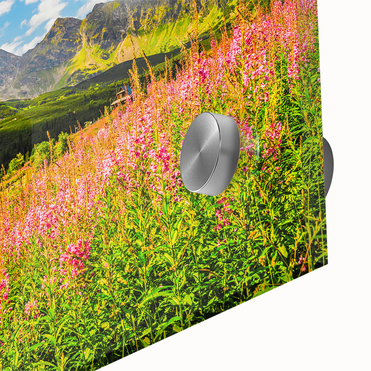 Large abstract wall art depicting a European Slovakian landscape in muted green and blue tones, acrylic print.