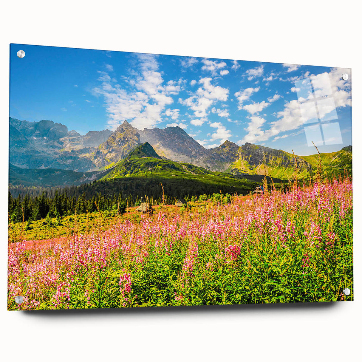 Acrylic print of a Slovakian landscape in muted greens and blues, ideal for dining room decor.