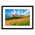 Extra large abstract art print featuring colorful, textured scenery of a European landscape, framed in black.