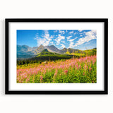 Extra large abstract art print featuring colorful, textured scenery of a European landscape, framed in black.