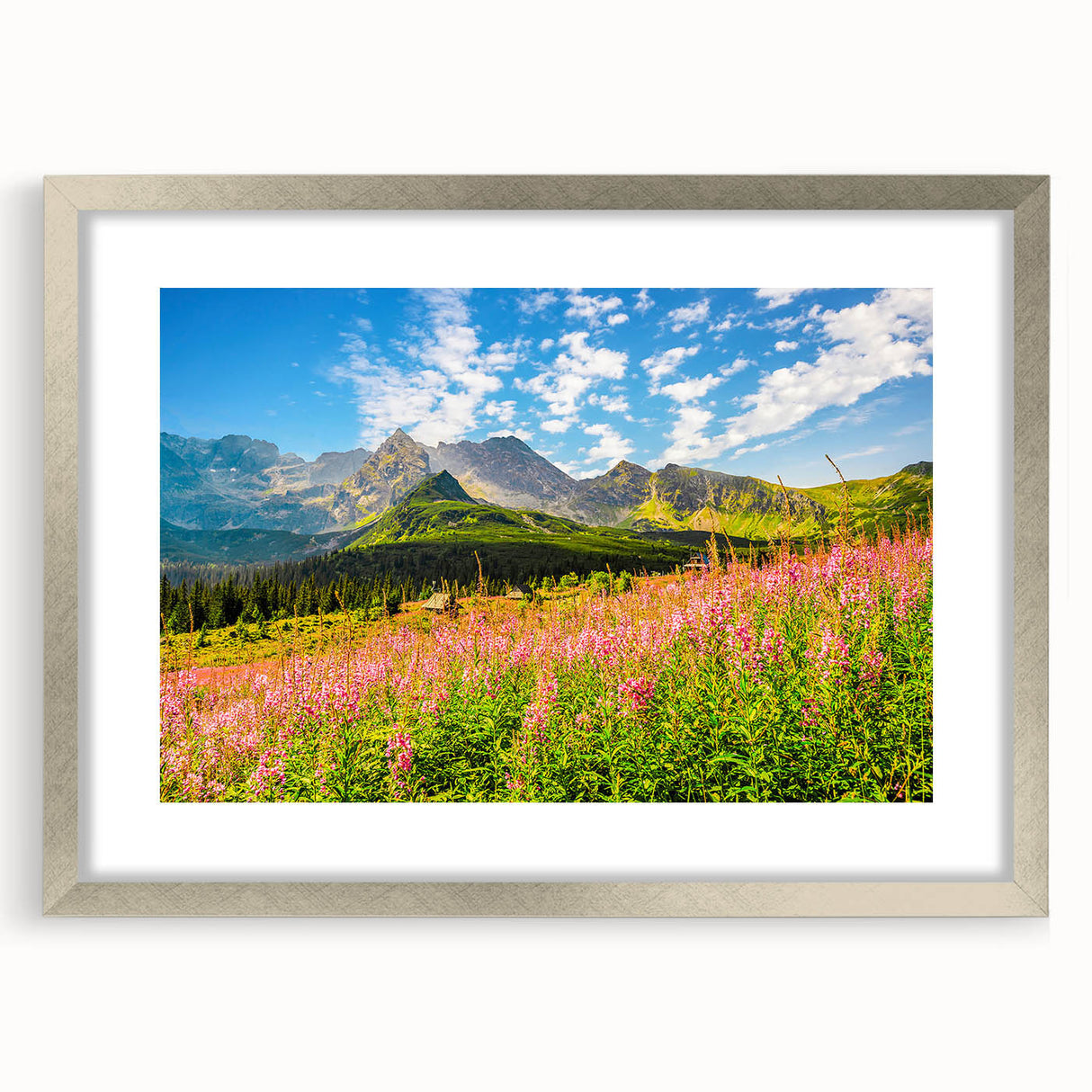 Extra large abstract art print depicting a textured European scenery, in muted earth tones, framed in silver.