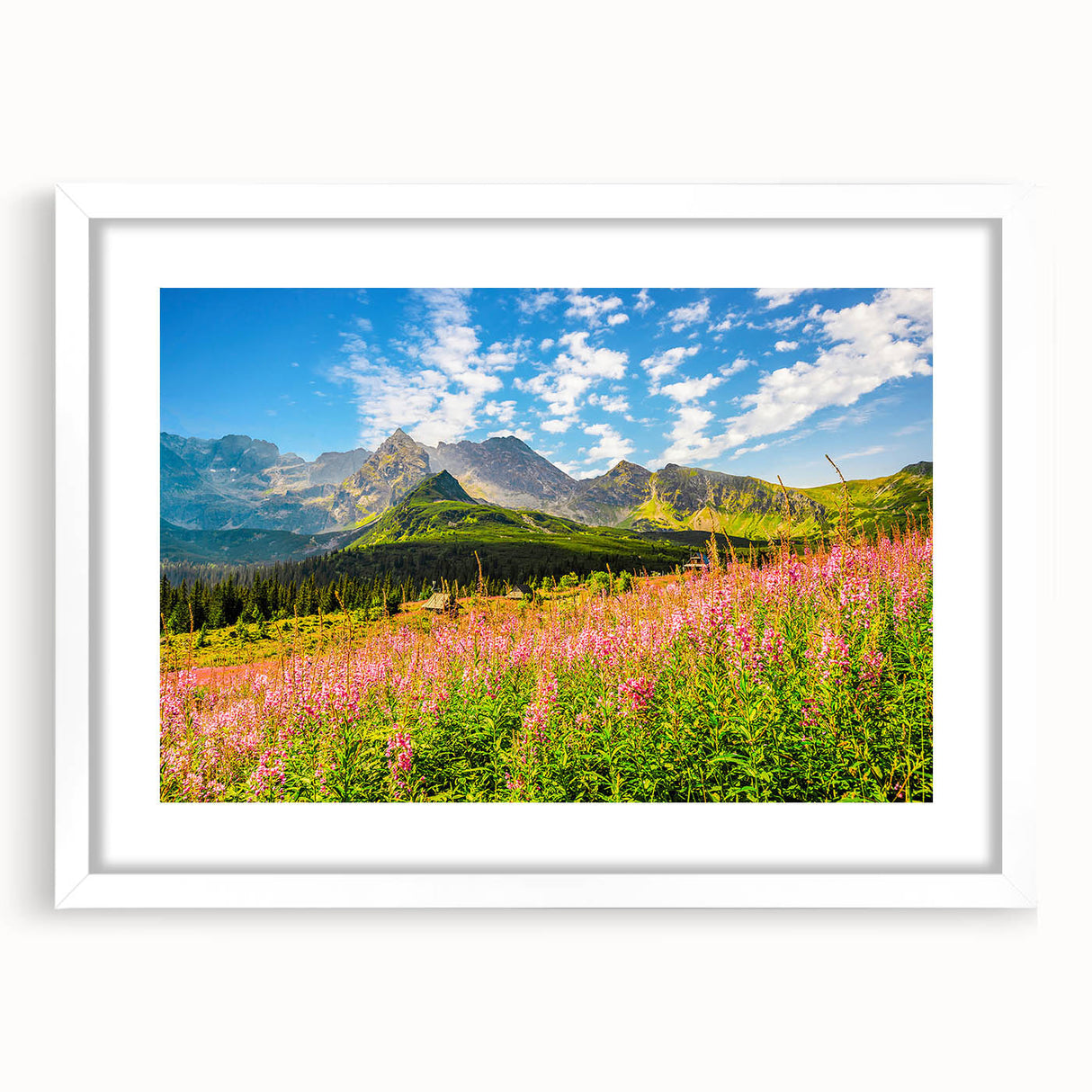 Textured art print of an abstract European scenery in muted earthy hues, framed in white, ideal for bedroom decor.