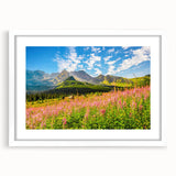 Textured art print of an abstract European scenery in muted earthy hues, framed in white, ideal for bedroom decor.