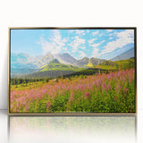 Art deco poster of a Slovakian landscape in muted gold tones, acrylic framed.