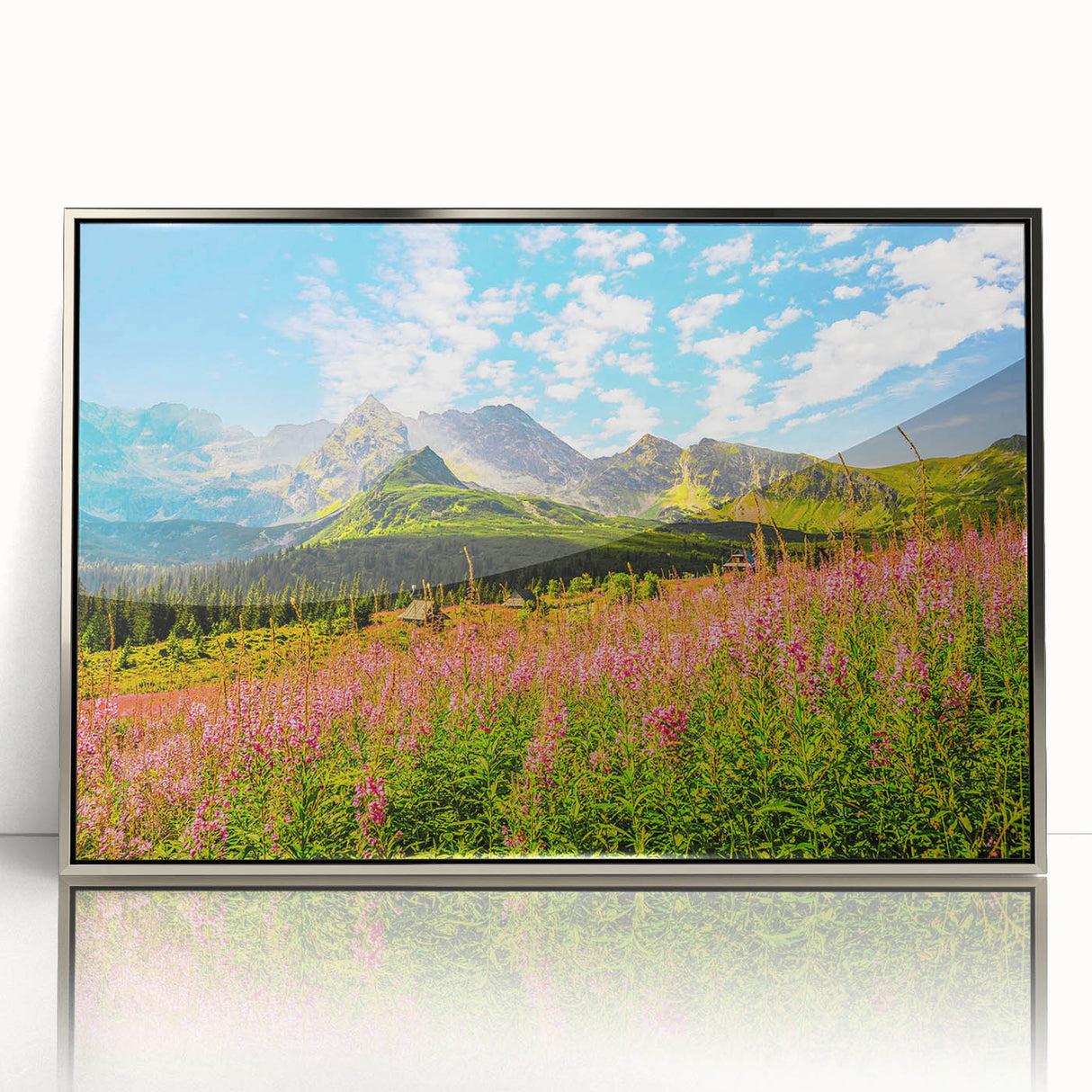 Large art print of a European Slovakian landscape in muted earth tones, framed in silver acrylic.