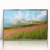 Large art print of a European Slovakian landscape in muted earth tones, framed in silver acrylic.