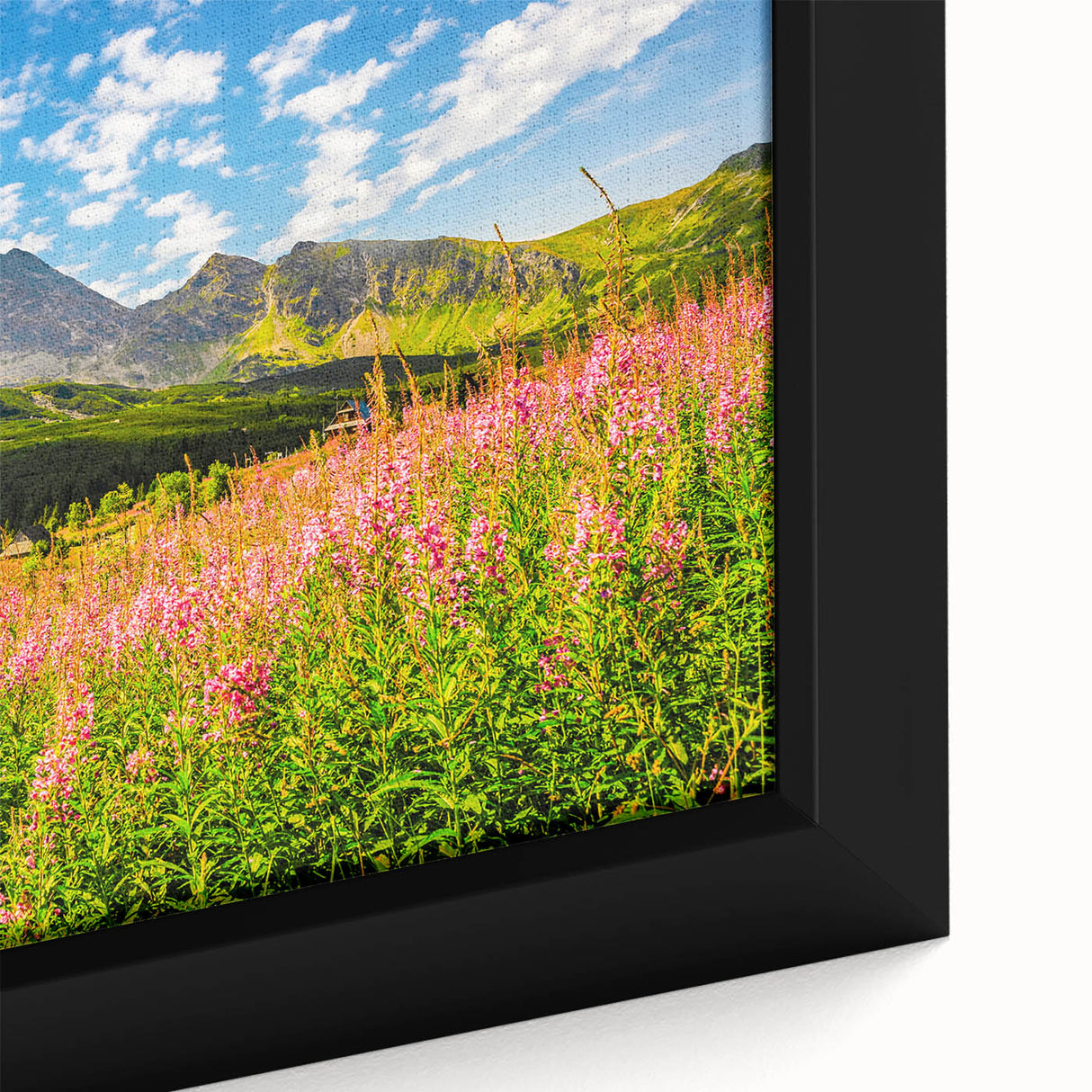 Extra large framed canvas of a textured European scenery in vibrant colors, ideal for living room wall art.