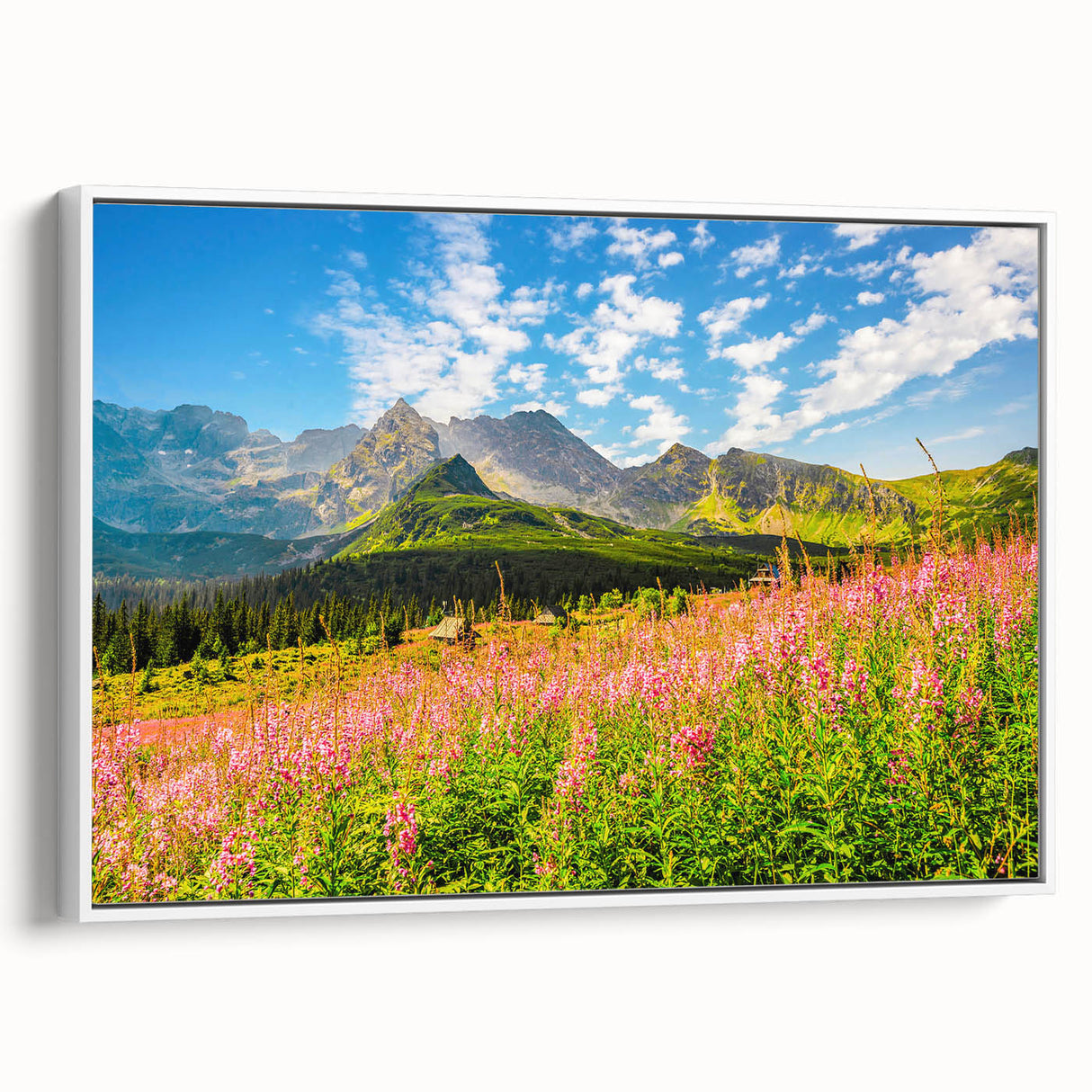 Vintage poster art of a European scenery on a large framed canvas, featuring vibrant colors against a black background.