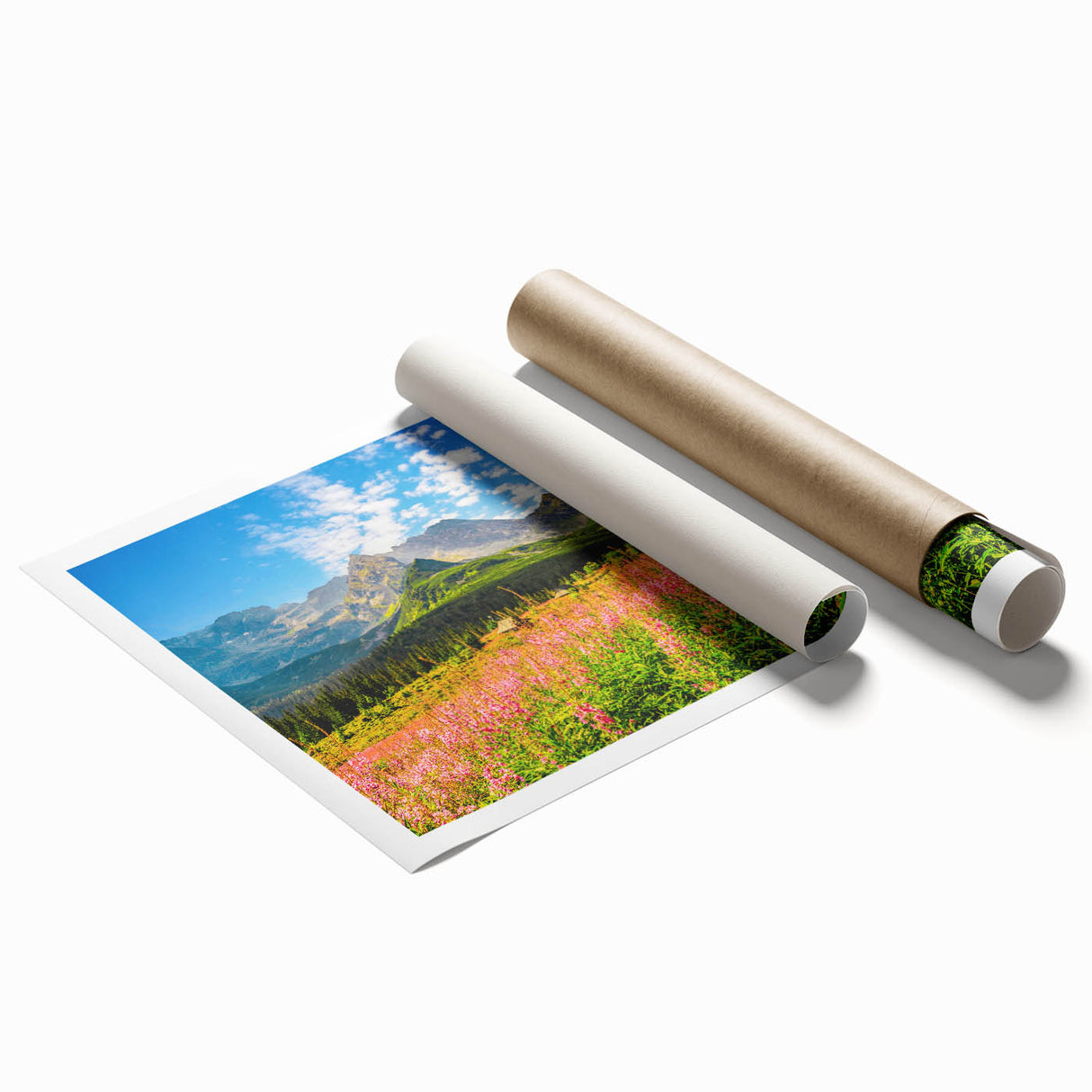 Extra large rolled print of a Slovakian landscape with soft floral elements in muted greens and blues.