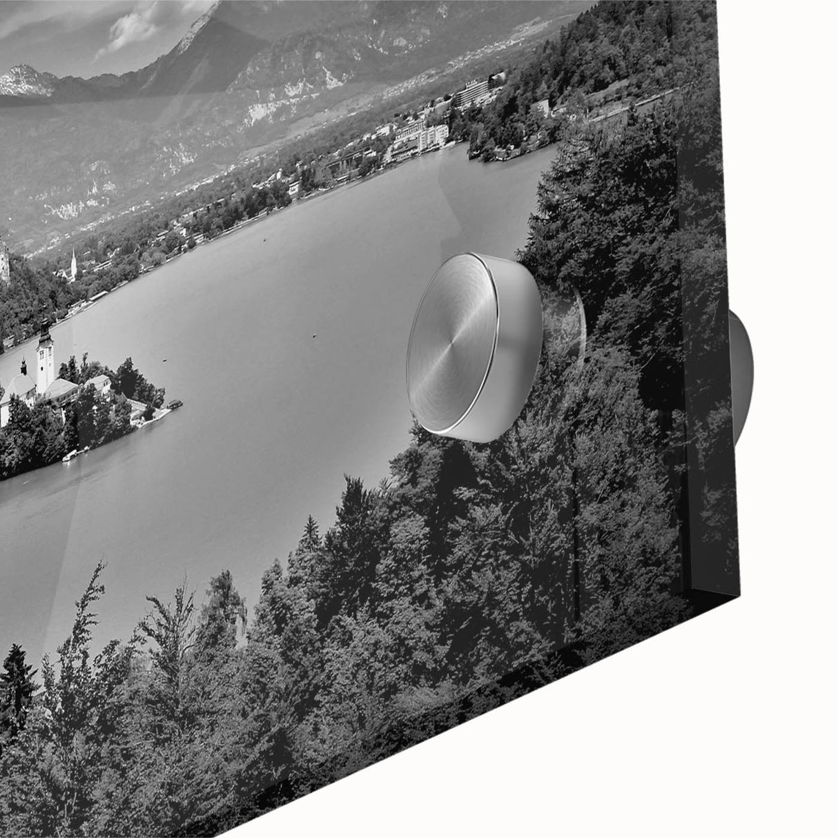 Large abstract wall art depicting a Slovenian landscape in muted earth tones on acrylic glass.