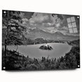 Acrylic print of a European Slovenian landscape, featuring muted green and blue tones, ideal for dining room decor.
