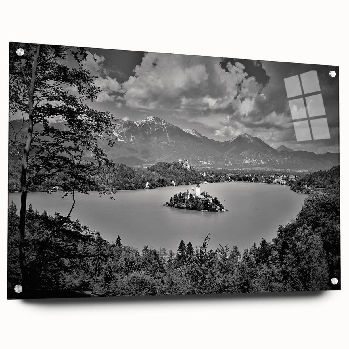 Acrylic print of a European Slovenian landscape, featuring muted green and blue tones, ideal for dining room decor.