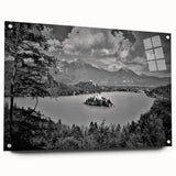 Acrylic print of a European Slovenian landscape, featuring muted green and blue tones, ideal for dining room decor.