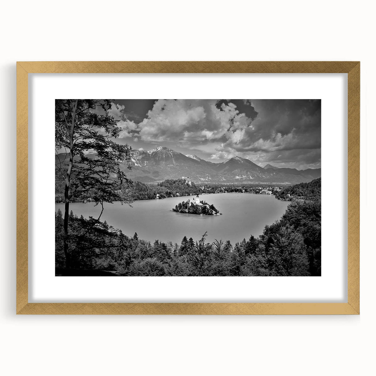 Textured abstract art print depicting a European scenery in muted earth tones, framed with a gold mat, ideal for bedroom art.