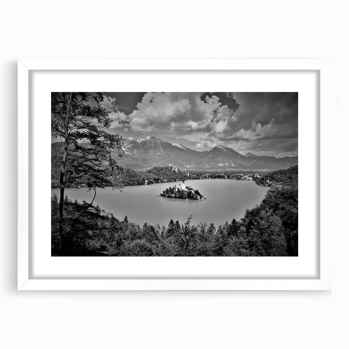 Extra large abstract art print of a textured European scenery in muted earth tones, framed with a white mat.