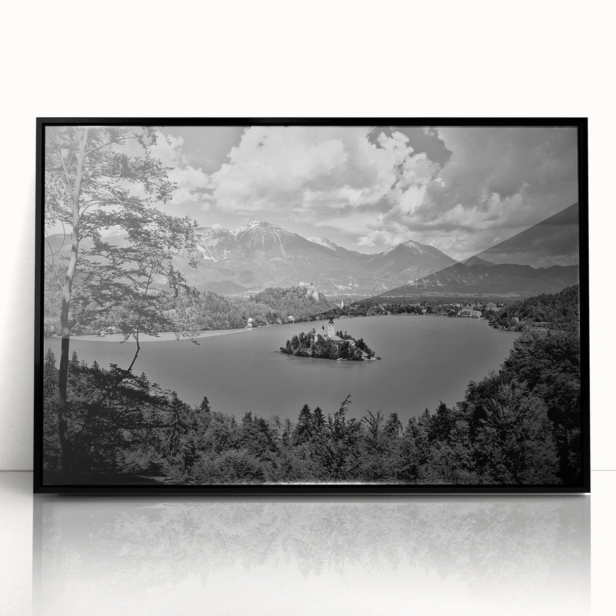 Large abstract wall art depicting a Slovenian landscape in muted earth tones, framed in black acrylic.