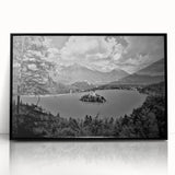 Large abstract wall art depicting a Slovenian landscape in muted earth tones, framed in black acrylic.