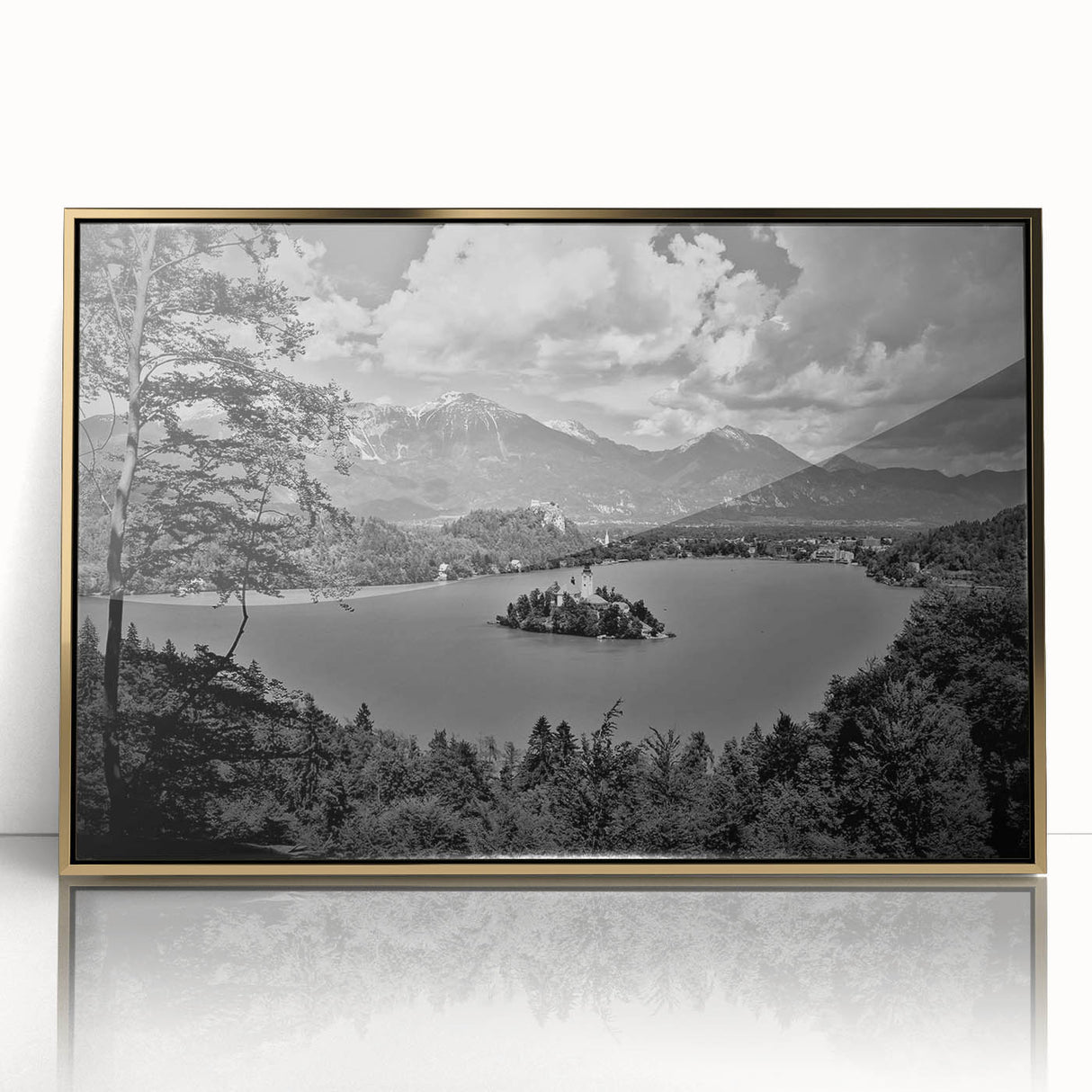 Mid-century modernist art of a Slovenian landscape in gold and green tones, acrylic print framed.