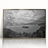 Mid-century modernist art of a Slovenian landscape in gold and green tones, acrylic print framed.