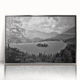 Art deco poster of a European scenery in Slovenia, featuring muted earth tones on a silver-framed acrylic print.