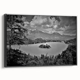 Black and white framed canvas of a Slovenian landscape, ideal for bedroom wall decor.