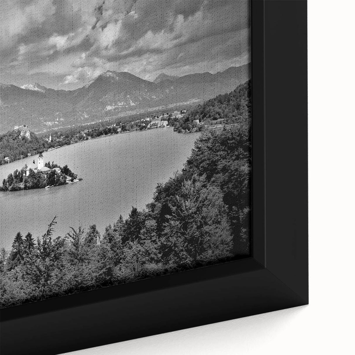 Extra large framed canvas featuring a textured depiction of a Slovenian landscape with vibrant colors on a black background.