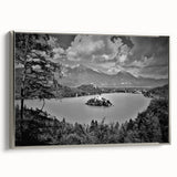 Vintage poster art of a European scenery in Slovenia, featuring vibrant colors on a framed canvas.