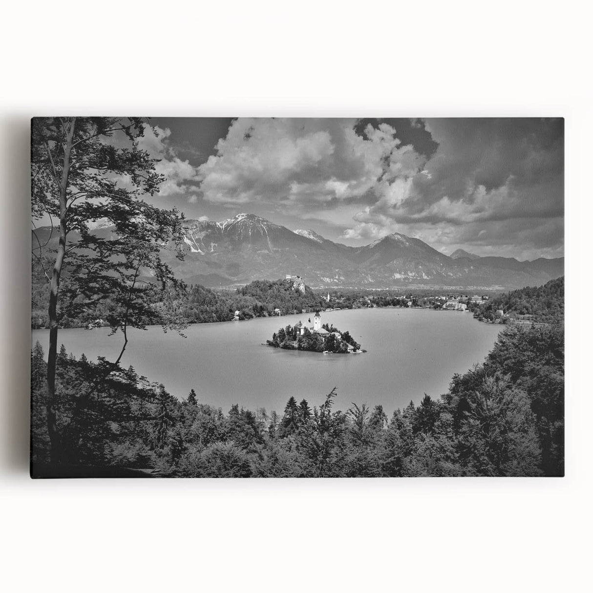 Black and white stretched canvas featuring a scenic view of a Slovenian landscape, ideal for kitchen wall art.